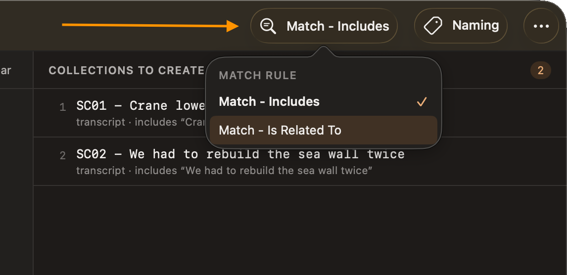An arrow points to the Match button in the toolbar. Its panel is open, with “Match - Includes” ticked and “Match - Is Related To” below it.
